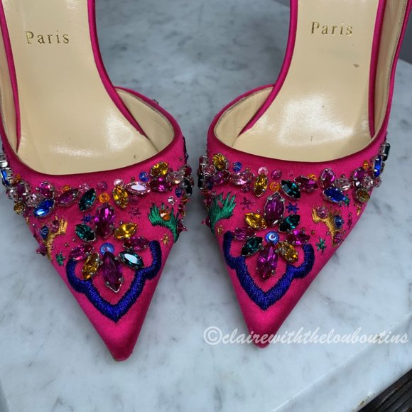 Louboutin Artifice 120 Fuchsia Satin Embellished Pumps size 39 - Picture 6 of 9